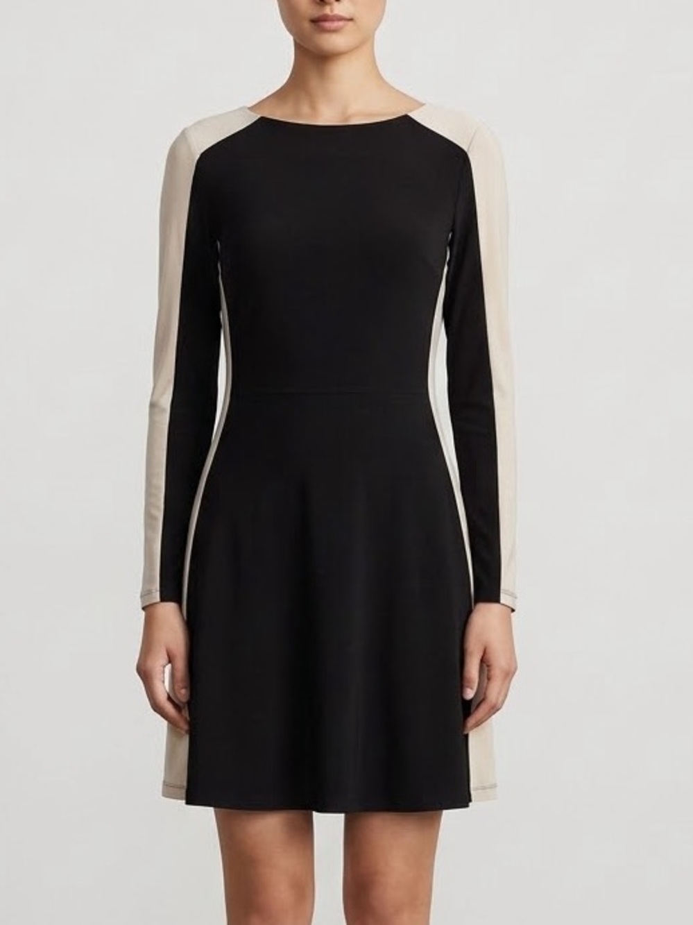 Lauren Ralph Lauren Black Dress with Cream Panels, Long Sleeve Fit-and-Flare
